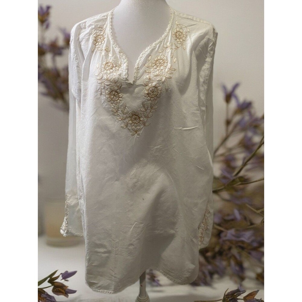 Claudia Richard White Tunic Large Embroidered Floral Boho Countrycore size 22w